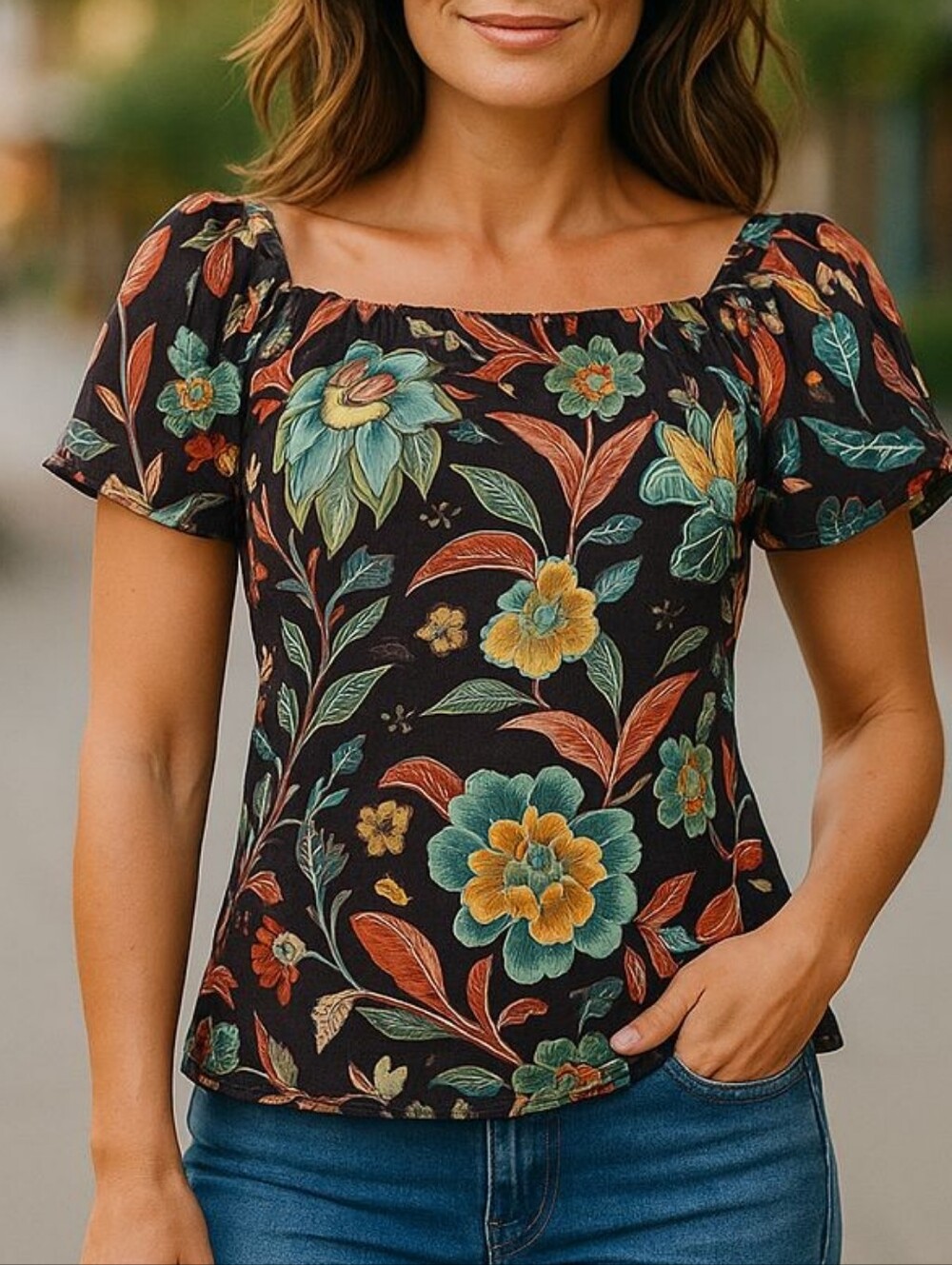 New York & Co Y2K Double Mesh Floral Peasant Milk Maid Short Sleeve Top Size Med